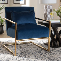 Baxton Studio TSF-60458-Navy Velvet/Gold-CC Mira Glam and Luxe Navy Blue Velvet Fabric Upholstered Gold Finished Metal Lounge Chair